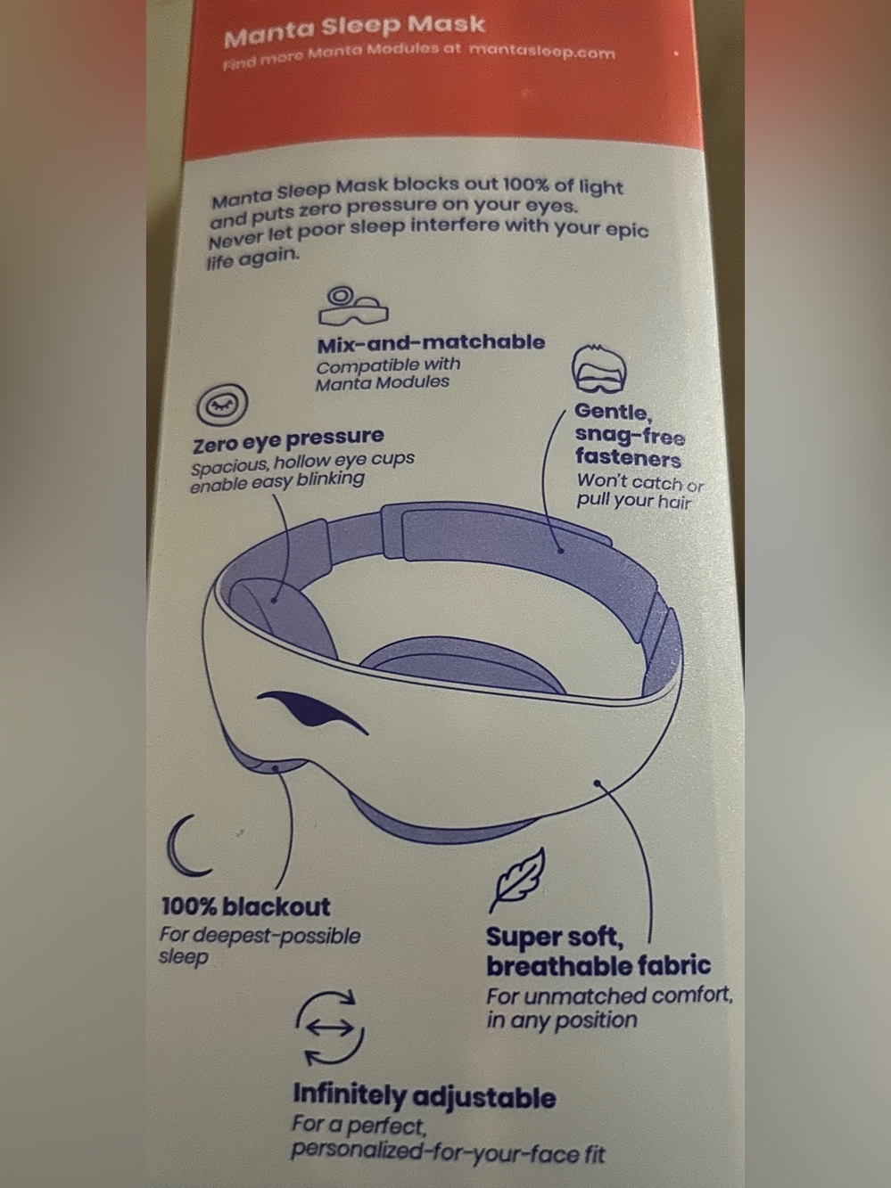 Manta Sleep Mask 100% Blackout Adjustable Eye Mask (New in Box) for men or - Picture 2 of 2